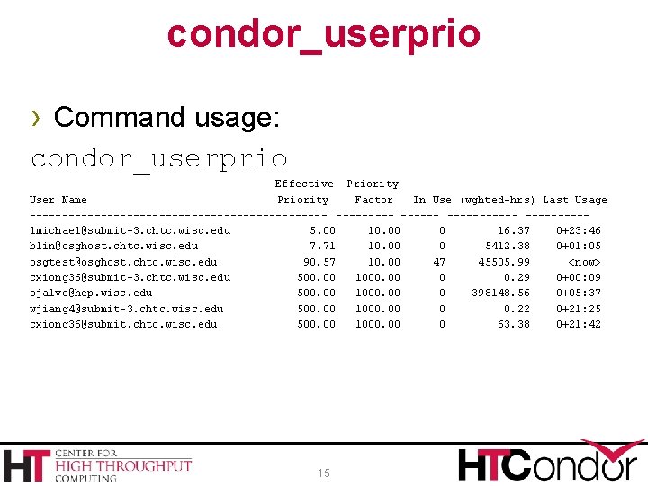 condor_userprio › Command usage: condor_userprio Effective Priority User Name Priority Factor In Use (wghted-hrs)