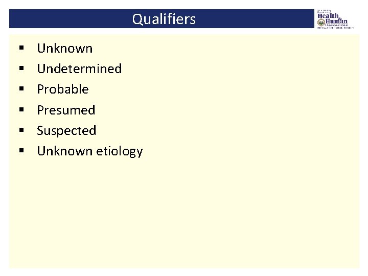 Qualifiers § § § Unknown Undetermined Probable Presumed Suspected Unknown etiology 