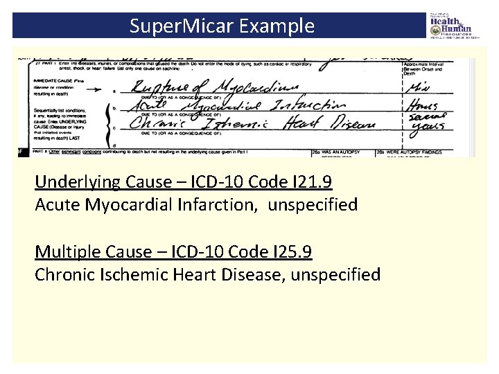 Super. Micar Example Underlying Cause – ICD-10 Code I 21. 9 Acute Myocardial Infarction,