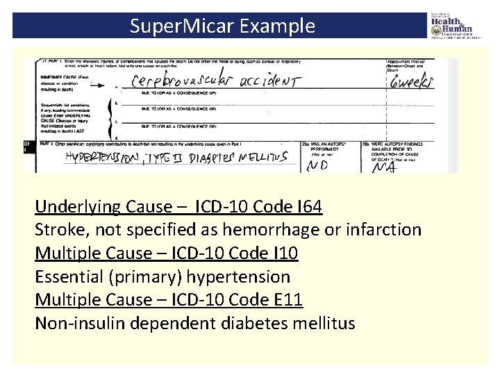 Super. Micar Example Underlying Cause – ICD-10 Code I 64 Stroke, not specified as