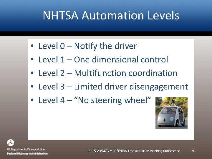 NHTSA Automation Levels • • • Level 0 – Notify the driver Level 1