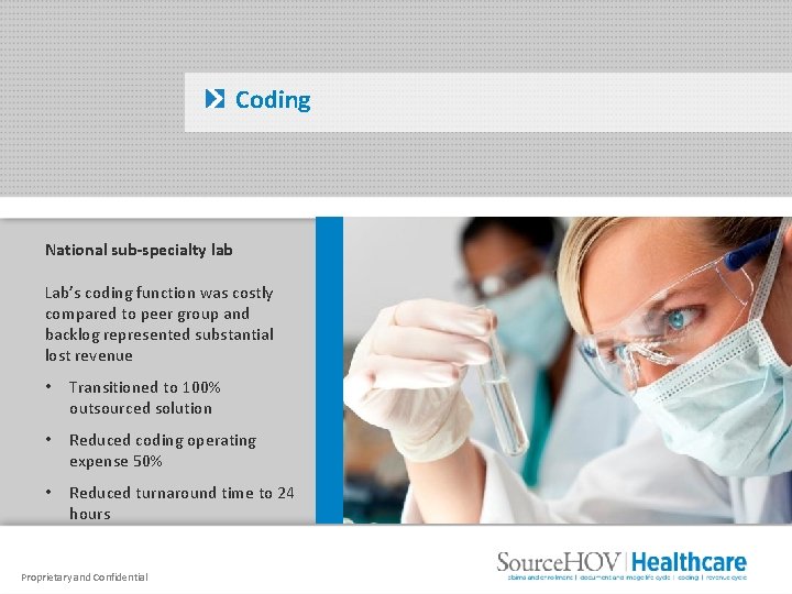 Coding National sub-specialty lab Lab’s coding function was costly compared to peer group and