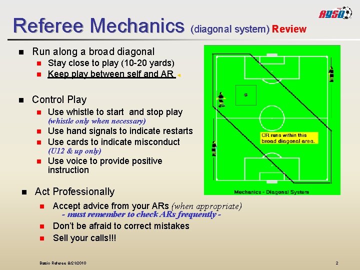 Referee Mechanics (diagonal system) Review n Run along a broad diagonal n n n