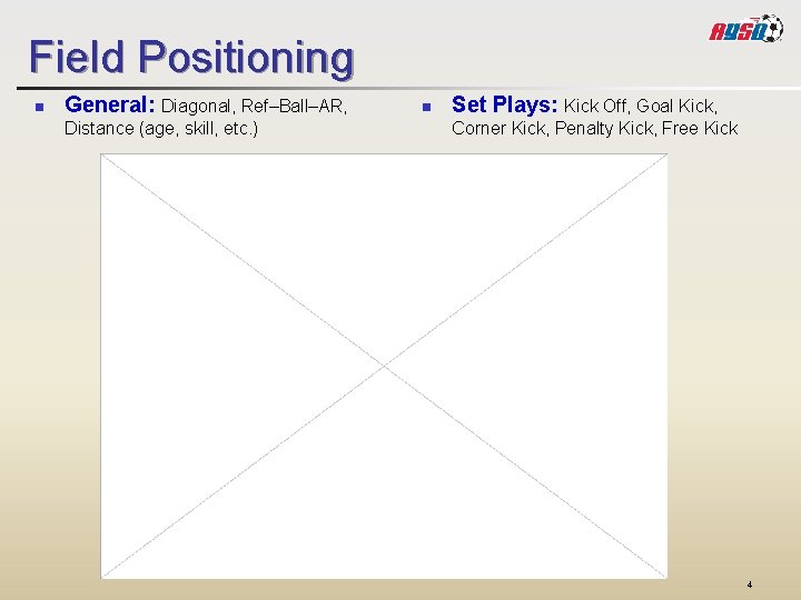 Field Positioning n General: Diagonal, Ref–Ball–AR, Distance (age, skill, etc. ) n Set Plays:
