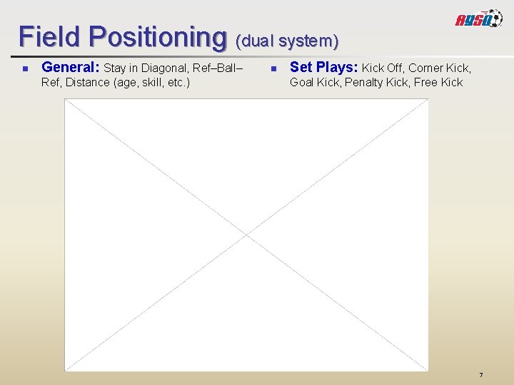 Field Positioning (dual system) n General: Stay in Diagonal, Ref–Ball– Ref, Distance (age, skill,