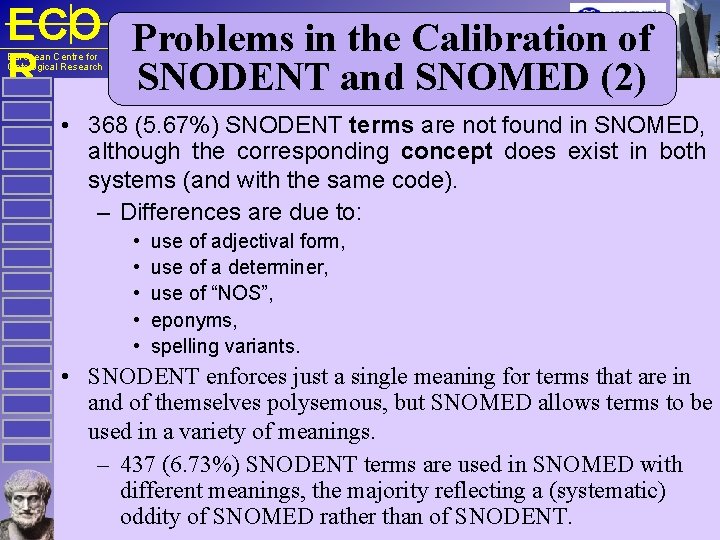 ECO Problems in the Calibration of R SNODENT and SNOMED (2) European Centre for