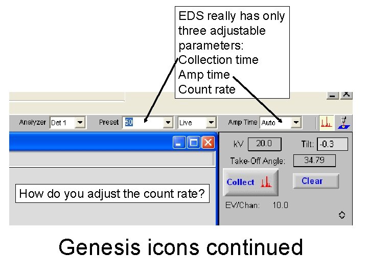 EDS really has only three adjustable parameters: Collection time Amp time Count rate How