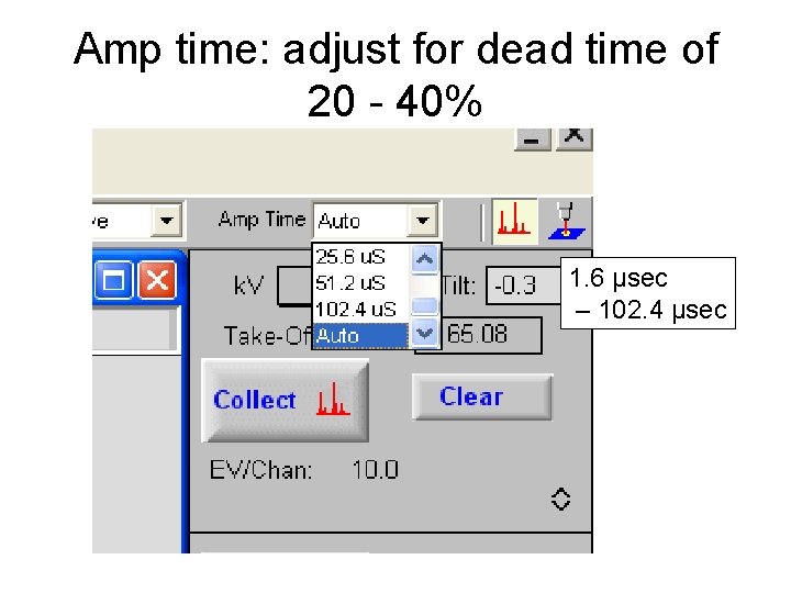 Amp time: adjust for dead time of 20 - 40% 1. 6 μsec –