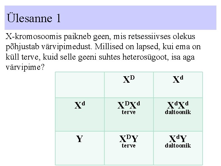 Ülesanne 1 X-kromosoomis paikneb geen, mis retsessiivses olekus põhjustab värvipimedust. Millised on lapsed, kui Ülesanne 1 X-kromosoomis paikneb geen, mis retsessiivses olekus põhjustab värvipimedust. Millised on lapsed, kui