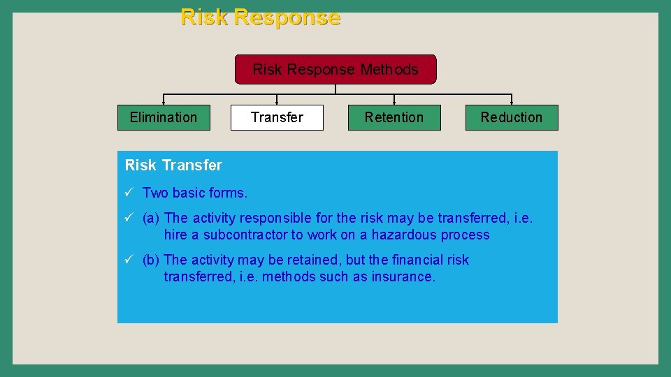 Risk Response Methods Elimination Transfer Retention Reduction Risk Transfer ü Two basic forms. ü