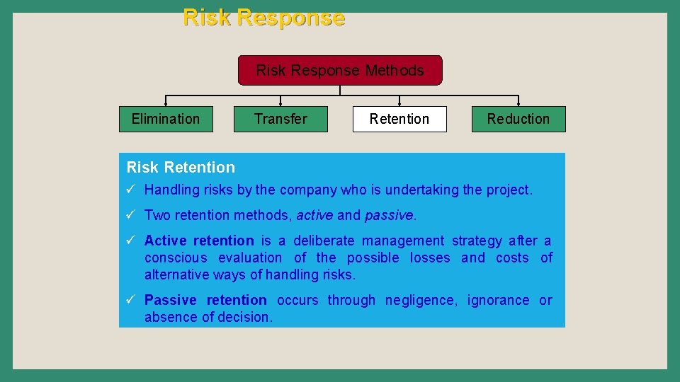 Risk Response Methods Elimination Transfer Retention Reduction Risk Retention ü Handling risks by the