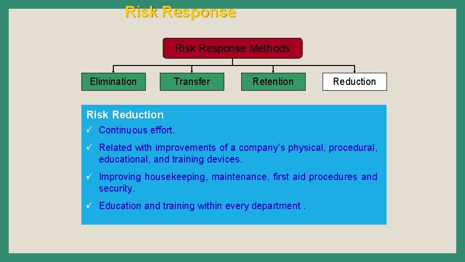 Risk Response Methods Elimination Transfer Retention Reduction Risk Reduction ü Continuous effort. ü Related