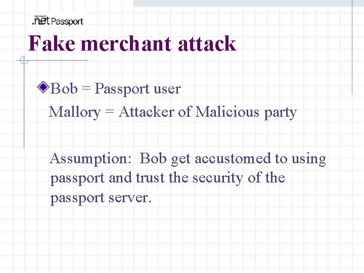 Fake merchant attack Bob = Passport user Mallory = Attacker of Malicious party Assumption: