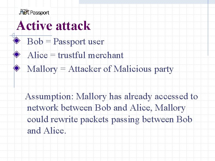 Active attack Bob = Passport user Alice = trustful merchant Mallory = Attacker of