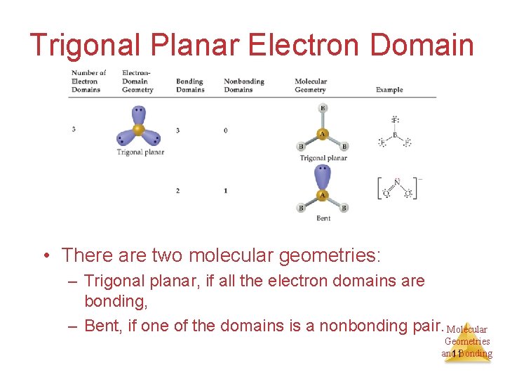 Trigonal Planar Electron Domain • There are two molecular geometries: – Trigonal planar, if