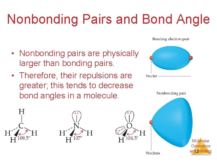 Nonbonding Pairs and Bond Angle • Nonbonding pairs are physically larger than bonding pairs.