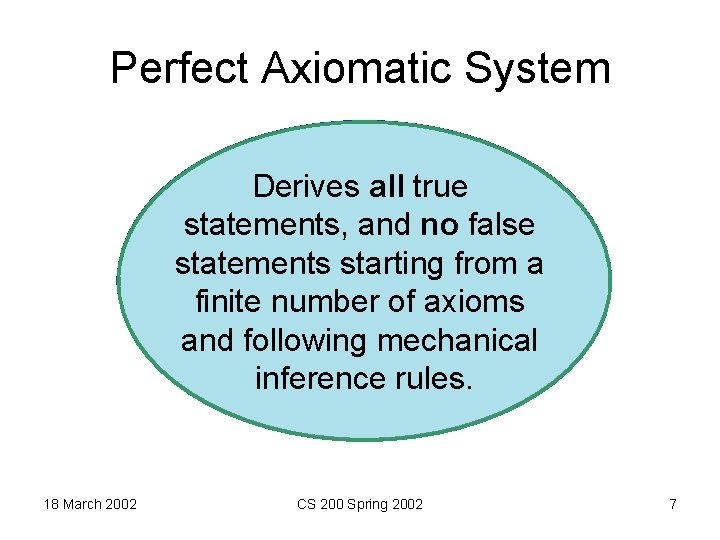 Perfect Axiomatic System Derives all true statements, and no false statements starting from a