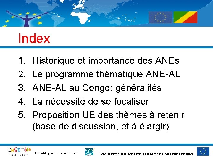 Index 1. 2. 3. 4. 5. Historique et importance des ANEs Le programme thématique