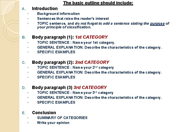 The basic outline should include: Introduction A. ◦ ◦ ◦ Background information Sentences that