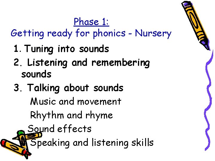 Phase 1: Getting ready for phonics - Nursery 1. Tuning into sounds 2. Listening