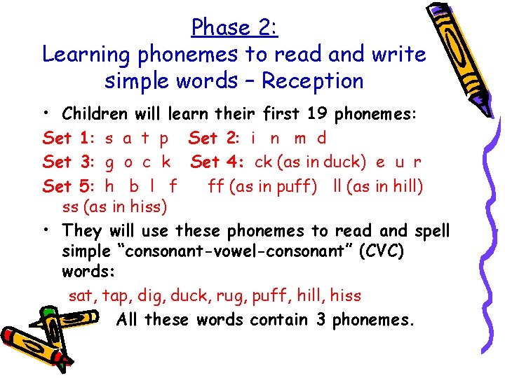 Phase 2: Learning phonemes to read and write simple words – Reception • Children