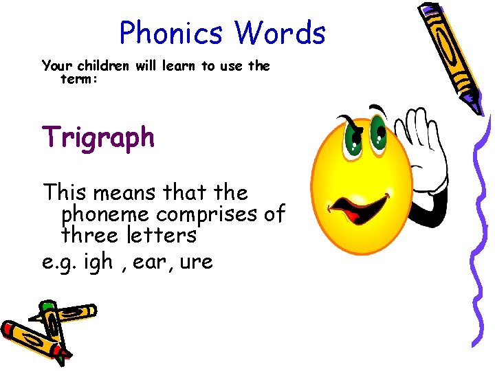 Phonics Words Your children will learn to use the term: Trigraph This means that