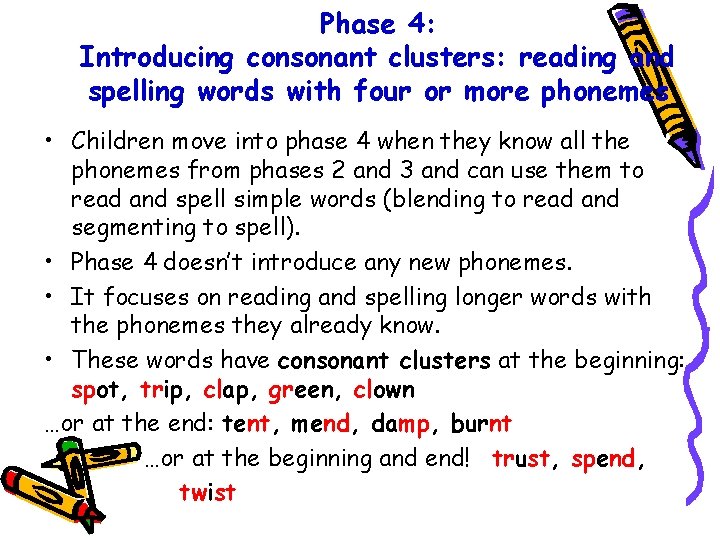 Phase 4: Introducing consonant clusters: reading and spelling words with four or more phonemes