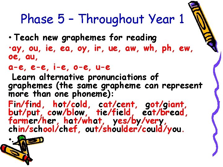 Phase 5 – Throughout Year 1 • Teach new graphemes for reading • ay,