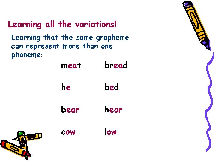 Learning all the variations! Learning that the same grapheme can represent more than one