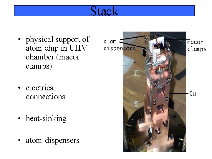 Stack • physical support of atom chip in UHV chamber (macor clamps) • electrical