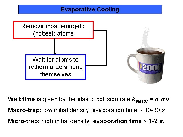 Evaporative Cooling Remove most energetic (hottest) atoms Wait for atoms to rethermalize among themselves