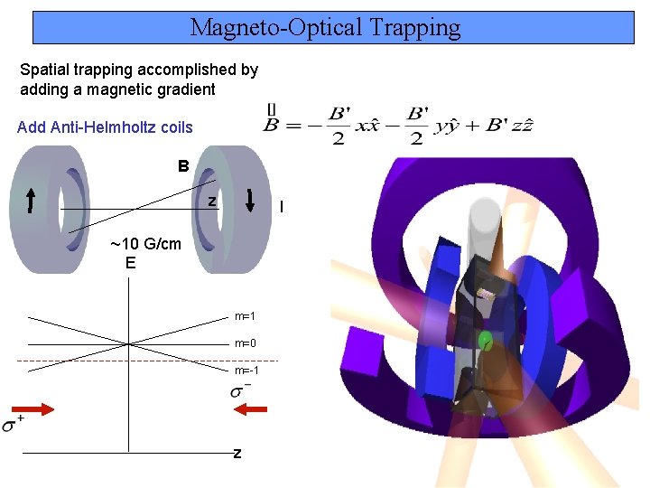 Magneto-Optical Trapping Spatial trapping accomplished by adding a magnetic gradient Add Anti-Helmholtz coils B