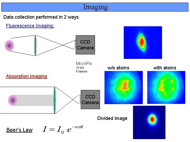Imaging Data collection performed in 2 ways Fluorescence Imaging: CCD Camera Micro. Pix w/o