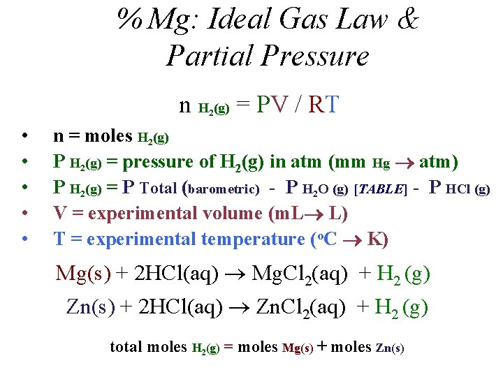 % Mg: Ideal Gas Law & Partial Pressure n H (g) = PV /