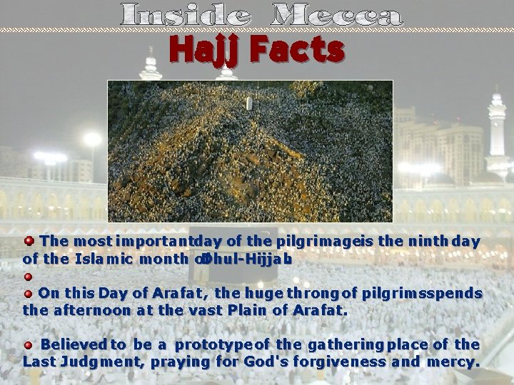 Hajj Facts The most importantday of the pilgrimageis the ninth day of the Islamic