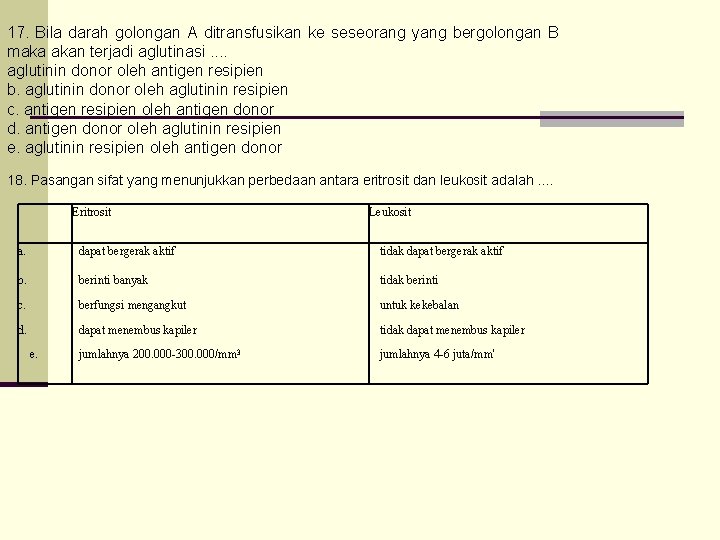 17. Bila darah golongan A ditransfusikan ke seseorang yang bergolongan B maka akan terjadi