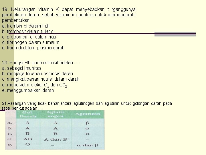 19. Kekurangan vitamin K dapat menyebabkan t rganggunya pembekuan darah, sebab vitamin ini penting