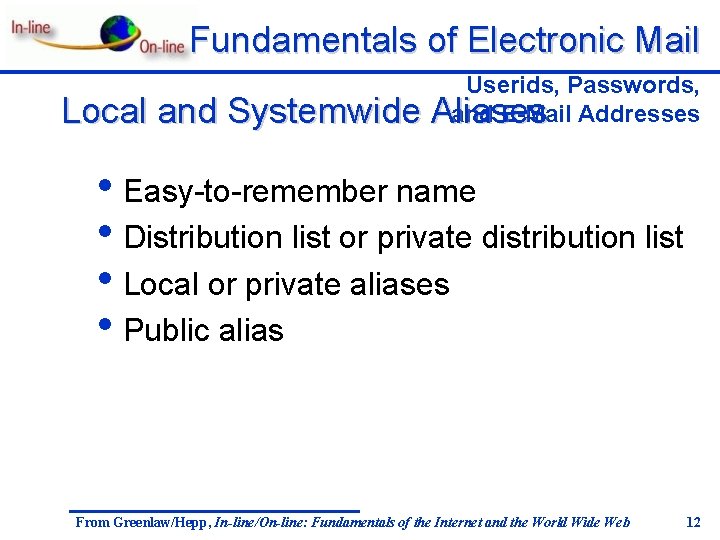 Fundamentals of Electronic Mail Local and Systemwide Userids, Passwords, and E-Mail Addresses Aliases •