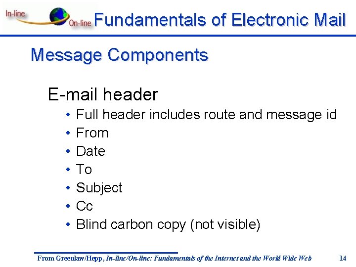 Fundamentals of Electronic Mail Message Components E-mail header • • Full header includes route