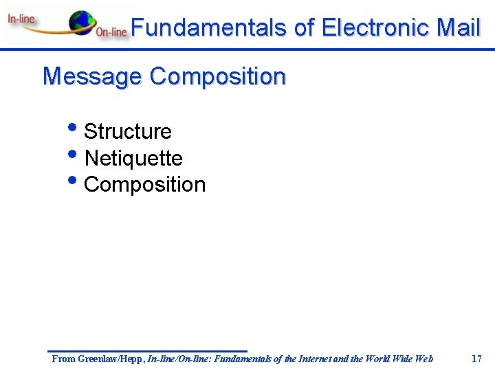 Fundamentals of Electronic Mail Message Composition • Structure • Netiquette • Composition From Greenlaw/Hepp,