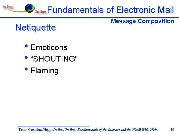 Fundamentals of Electronic Mail Netiquette Message Composition • Emoticons • “SHOUTING” • Flaming From