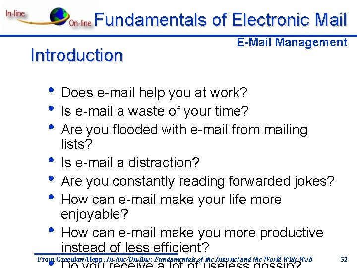 Fundamentals of Electronic Mail Introduction E-Mail Management • Does e-mail help you at work?