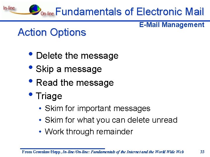 Fundamentals of Electronic Mail Action Options E-Mail Management • Delete the message • Skip