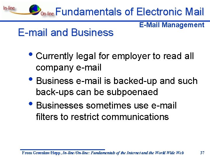 Fundamentals of Electronic Mail E-mail and Business E-Mail Management • Currently legal for employer