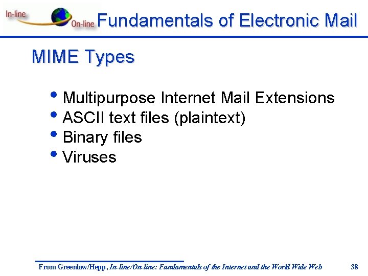 Fundamentals of Electronic Mail MIME Types • Multipurpose Internet Mail Extensions • ASCII text