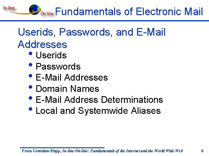 Fundamentals of Electronic Mail Userids, Passwords, and E-Mail Addresses • Userids • Passwords •