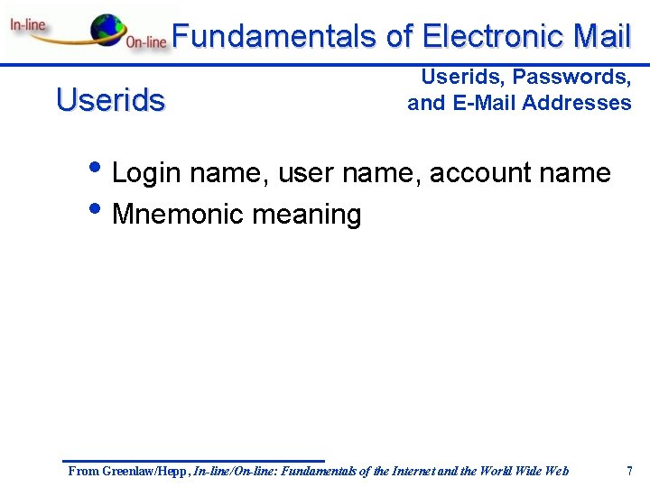 Fundamentals of Electronic Mail Userids, Passwords, and E-Mail Addresses • Login name, user name,