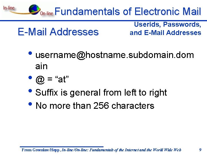 Fundamentals of Electronic Mail E-Mail Addresses Userids, Passwords, and E-Mail Addresses • username@hostname. subdomain.