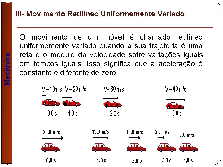 Mecânica III- Movimento Retilíneo Uniformemente Variado O movimento de um móvel é chamado retilíneo