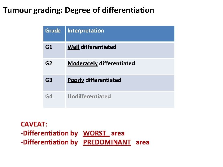 Tumour grading: Degree of differentiation Grade Interpretation G 1 Well differentiated G 2 Moderately